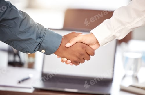 Preview: Hand, handshake and partnership for deal, agreement or greeting in b2b, unity or trust at office. B