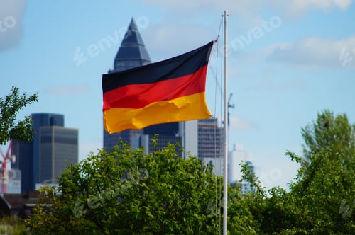 Preview: German flag in front of the Messeturm in Frankfurt