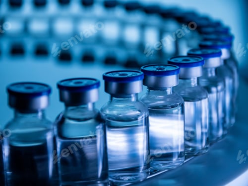 Preview: Group of Vaccine bottles. Medicine in ampoules. Glass vials for liquid samples in laboratory.