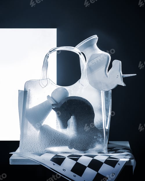 Preview: Chess concept, giant chess figures in a transparent bag, high contrast black and white still life