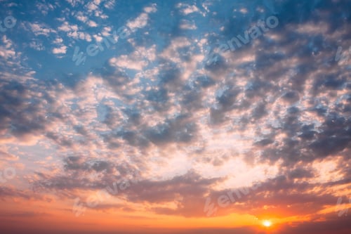 Preview: Sunset Sunrise Sky Background. Natural Bright Dramatic Sky In Su