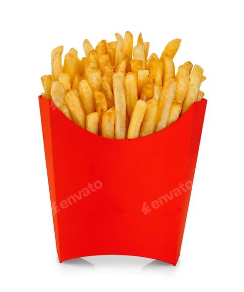 Preview: French fries in a red carton box isolated on white background.