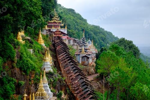 Preview: Buddhist pagodas and temple at entrance to Pindaya Caves, Myanmar