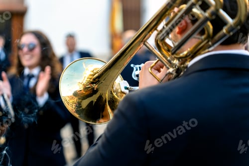 Preview: Band musicians with their instruments on the street. Typical music bands in Spain.