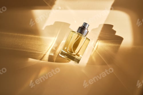 Preview: Perfume on a beige background in the rays of bright sun with beautiful highlights.