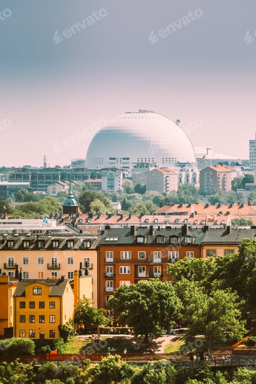 Preview: Stockholm, Sweden. Avicii Arena Ericsson Globe In Summer Skyline. It's Currently The Largest