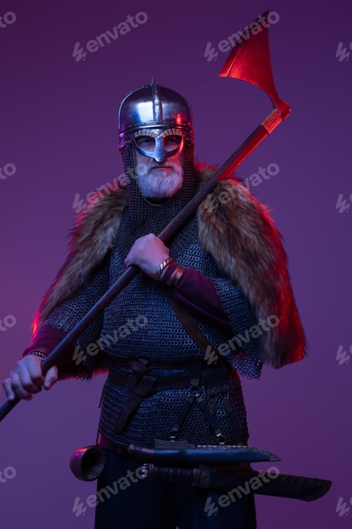 Preview: Medieval old warrior wielding axe against purple background