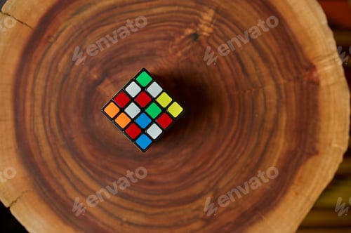 Preview: Classical colorful puzzle cube on wooden stump