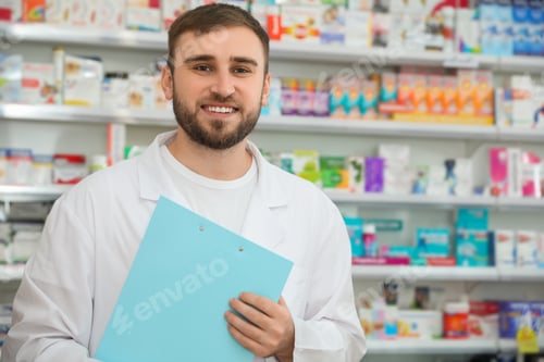 Preview: Professional pharmacist with clipboard in modern drugstore