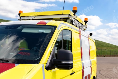 Preview: Yellow special cargo escort road traffic car roof mounted digital sign board. Repair and service van