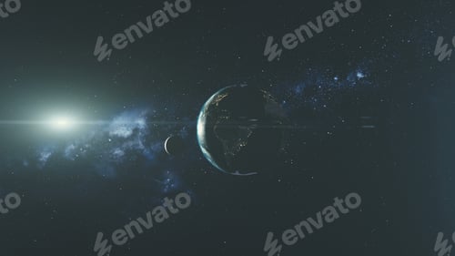 Preview: Planet earth spin moon orbit space sun beam glow