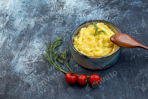 Preview: Front view of mashed potatoes served with dill wooden spoon fresh tomatoes on dark color background