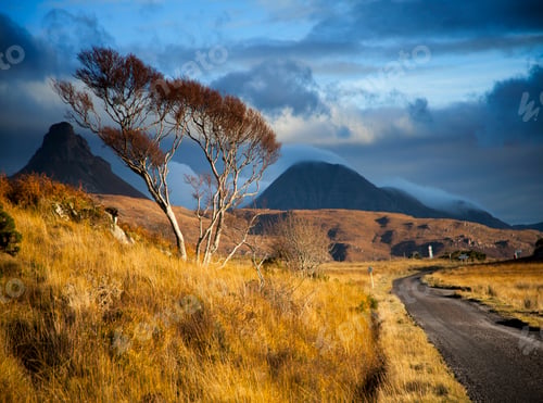 Preview: Storm clouds over rural road and mountains, Assynt, North West Highlands, Scotland, UK