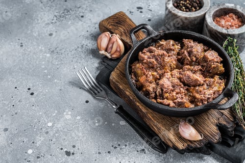 Preview: Canned stewed horse and beef meat in a pan. Gray background. Top view. Copy space