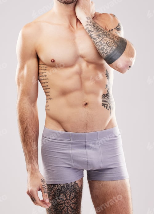 Preview: Fitness, muscle and man body in studio with fitness, exercise and workout aesthetic. Isolated, gray