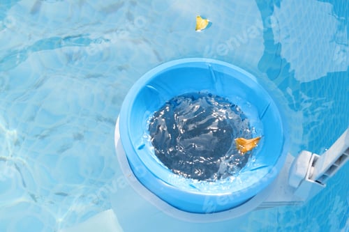 Preview: Top view of the blue skimmer for cleaning the pool in clear water Contaminated pool cleaning concept