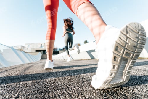 Preview: Two young girls training hard running outdoors doing exercise wearing sportswear.