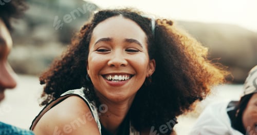 Preview: Woman, laughing and relax on beach outdoor for travel reunion, summer vacation and talk for funny j
