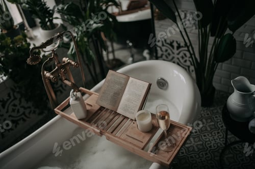 Preview: Luxurious interior bathroom in modern eco style with oval bathtub and book on bamboo wood tray