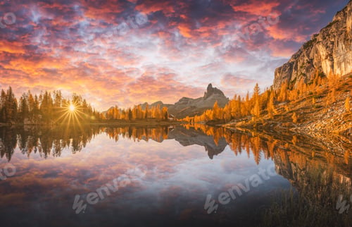 Preview: Incredible purple sunrise on Federa Lake in the Dolomite Apls