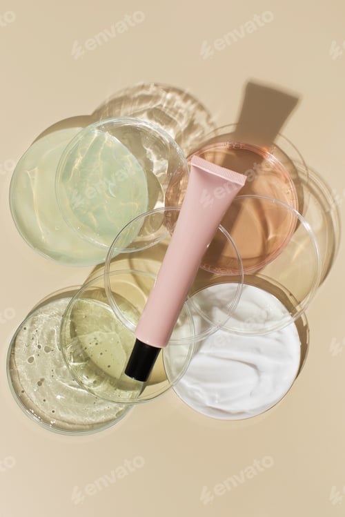 Preview: Skincare products in dishes and blank under eye cream tube on beige background