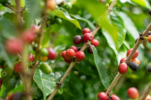 Preview: Coffee tree with fresh arabica coffee bean in coffee plantation in the mountain. Trees on an organic