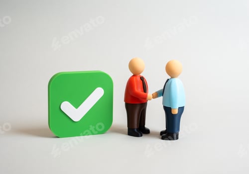 Preview: Two office workers shake hands and make an agreement in front of a check mark. Concept of successful