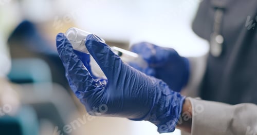 Preview: Hands, gloves and doctor with vaccine for health, medicine in bottle and syringe, injection and saf