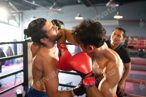 Preview: MMA or Thai Boxing match, Two professional fighters punching or boxing, Fit athletes boxers fighting