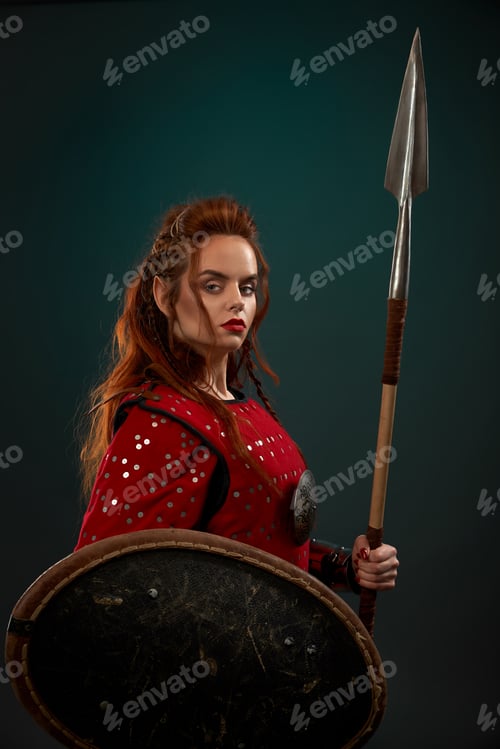 Preview: Medieval female warrior posing with spear, shield