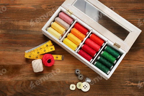 Preview: Container with set of color sewing threads on wooden background