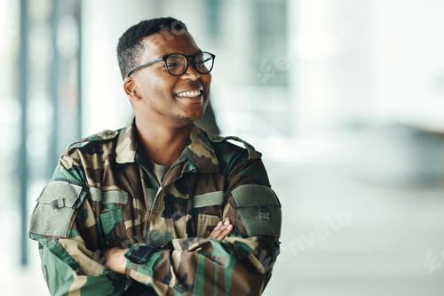Preview: Soldier with smile, confidence and arms crossed at army building, pride and happy professional in s