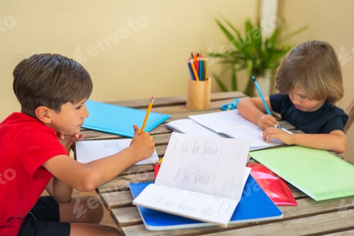 Preview: Young boys doing homework, learning writing and math
