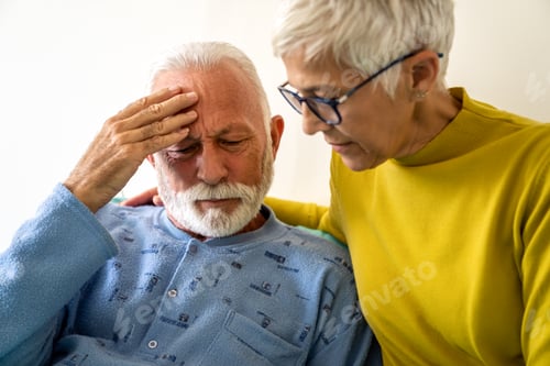 Preview: Senior woman with seriously ill husband in hospital. Healthcare support anxiety love concept