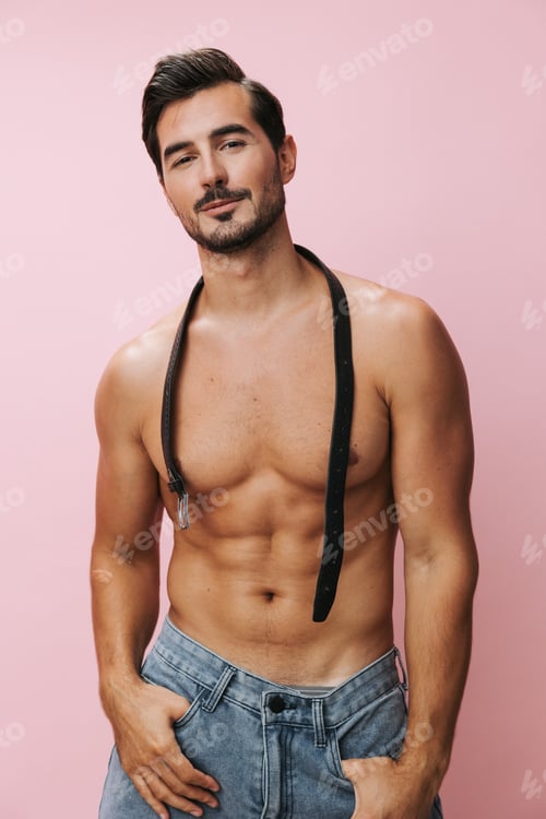 Preview: Man lifestyle pink belt naked torso fitness background muscle muscular sport body sexy