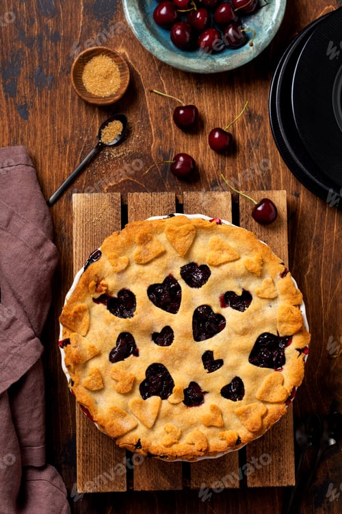 Preview: Tasty homemade cherry pie with hearts on wooden background. Valentines Day baked goods. Top view
