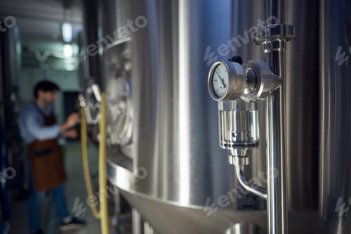 Preview: A man dressed in an apron is diligently working in a brewery setting