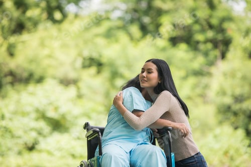 Preview: Granddaughter talking with her grandmother sitting on wheelchair, cheerful concept, happy family