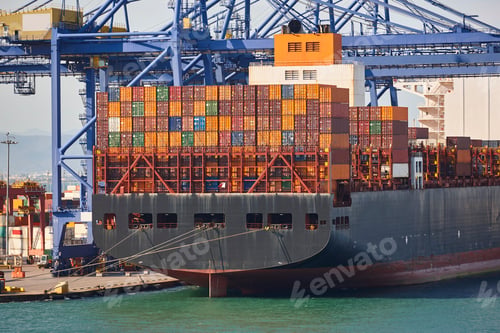 Preview: Containers on a vessel. Global market. Cargo shipping. International economy