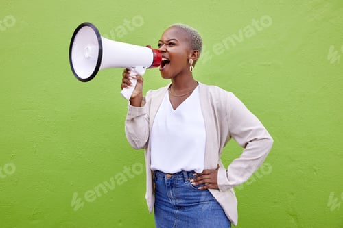 Preview: Black woman, megaphone and screaming on mockup space in advertising or protest against a studio bac