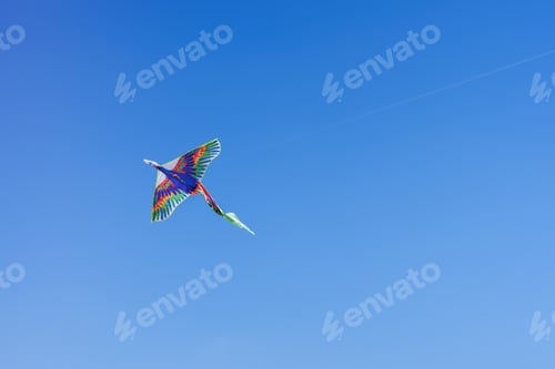 Preview: Colorful kite soars high in the sky Blue sky. Sports kite festival.