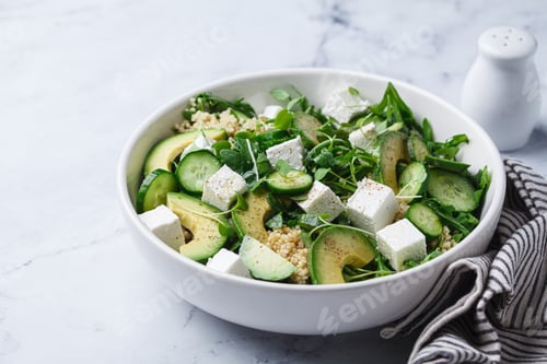 Preview: Green quinoa salad with cucumber, avocado and feta.