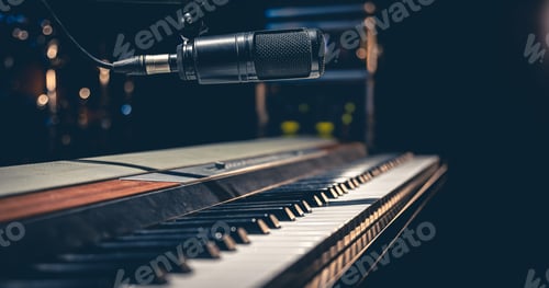 Preview: Music keys and a microphone on a dark background.