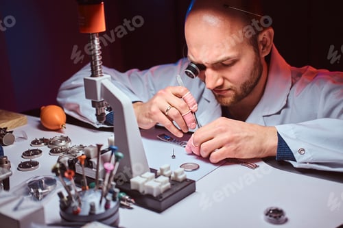 Preview: Expirienced watchmaker is doing engraving for custmer's watch at his workshop