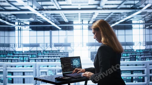 Preview: Admin in data center works with artificial intelligence computerized model