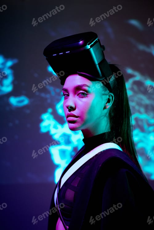 Preview: Confident girl in VR goggles on head