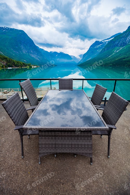 Preview: Cafe on the nature background lovatnet lake.