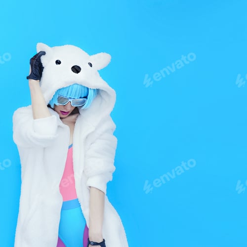 Preview: Teddy Bear Girl DJ. Crazy winter party. Club dance style