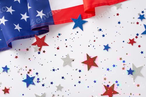 Preview: US Independence Day concept. Top view photo of blue, white and red star-shaped confetti