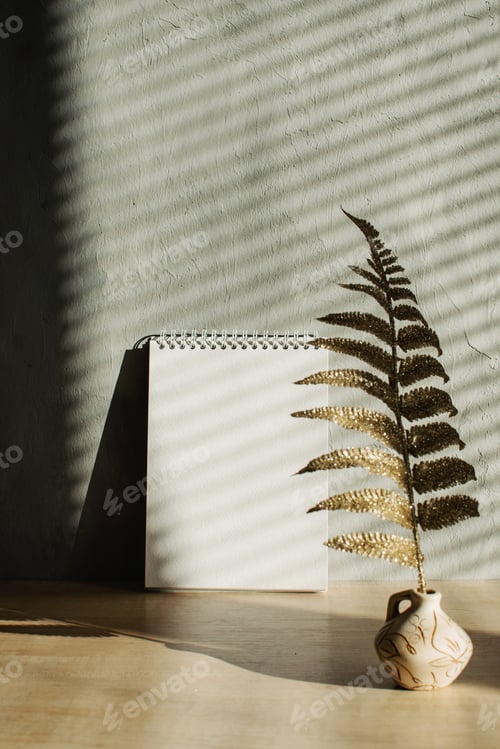 Preview: Modern trend mockup with shadows and hard light. Fall autumn minimal mock up with open empty note